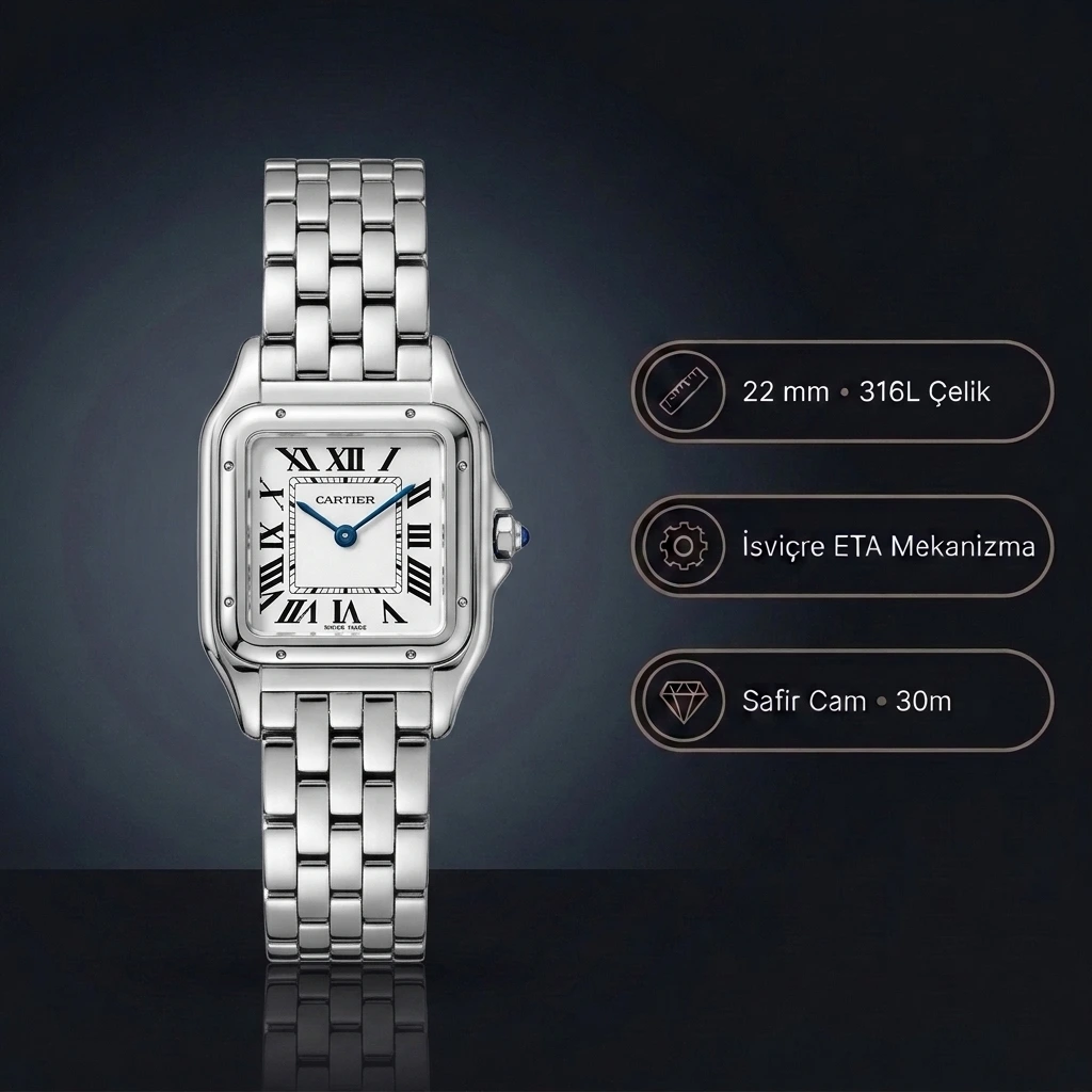 Cartier Panthère de Cartier WSPN0006 22 MM Beyaz Roma Rakamlı Kadran Çelik Bilezik Bayan Super Clone ETA Saat