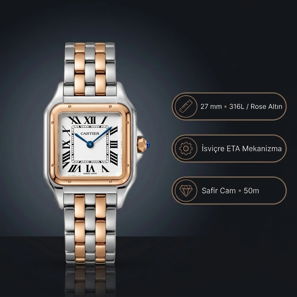 Cartier Panthere Düz Bezel Beyaz Roma Rakamlı Kadran Two Tone Rose Gold Çelik Bilezik Bayan Super Clone ETA Saat