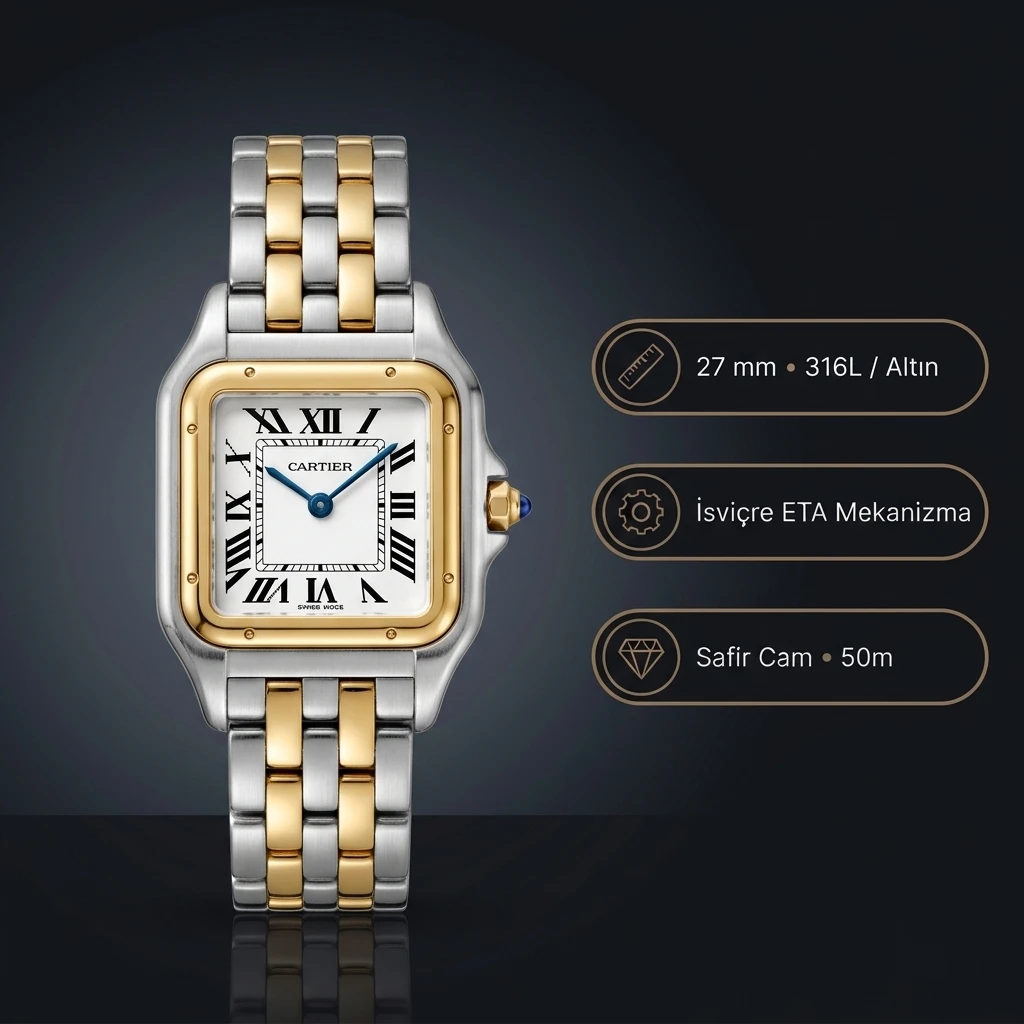 Cartier Panthere Düz Bezel Beyaz Roma Rakamlı Kadran Two Tone Sarı Altın Çelik Bilezik Bayan Super Clone ETA Saat