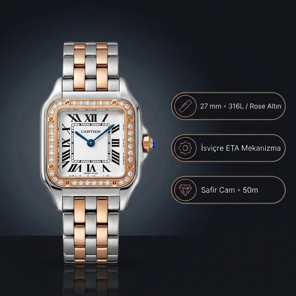 Cartier Panthere Pırlanta Bezel Beyaz Roma Rakamlı Kadran Two Tone Rose Gold Çelik Bilezik Bayan Super Clone ETA Saat