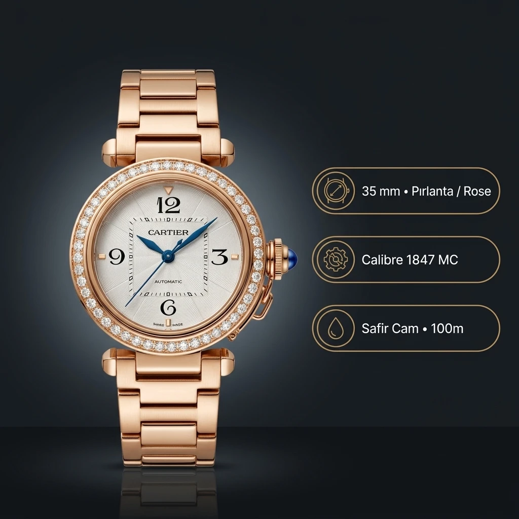 Cartier Pasha 35 mm WSPAA0004 Rose Gold Beyaz Elmas Tasli Super Clone ETA Saat