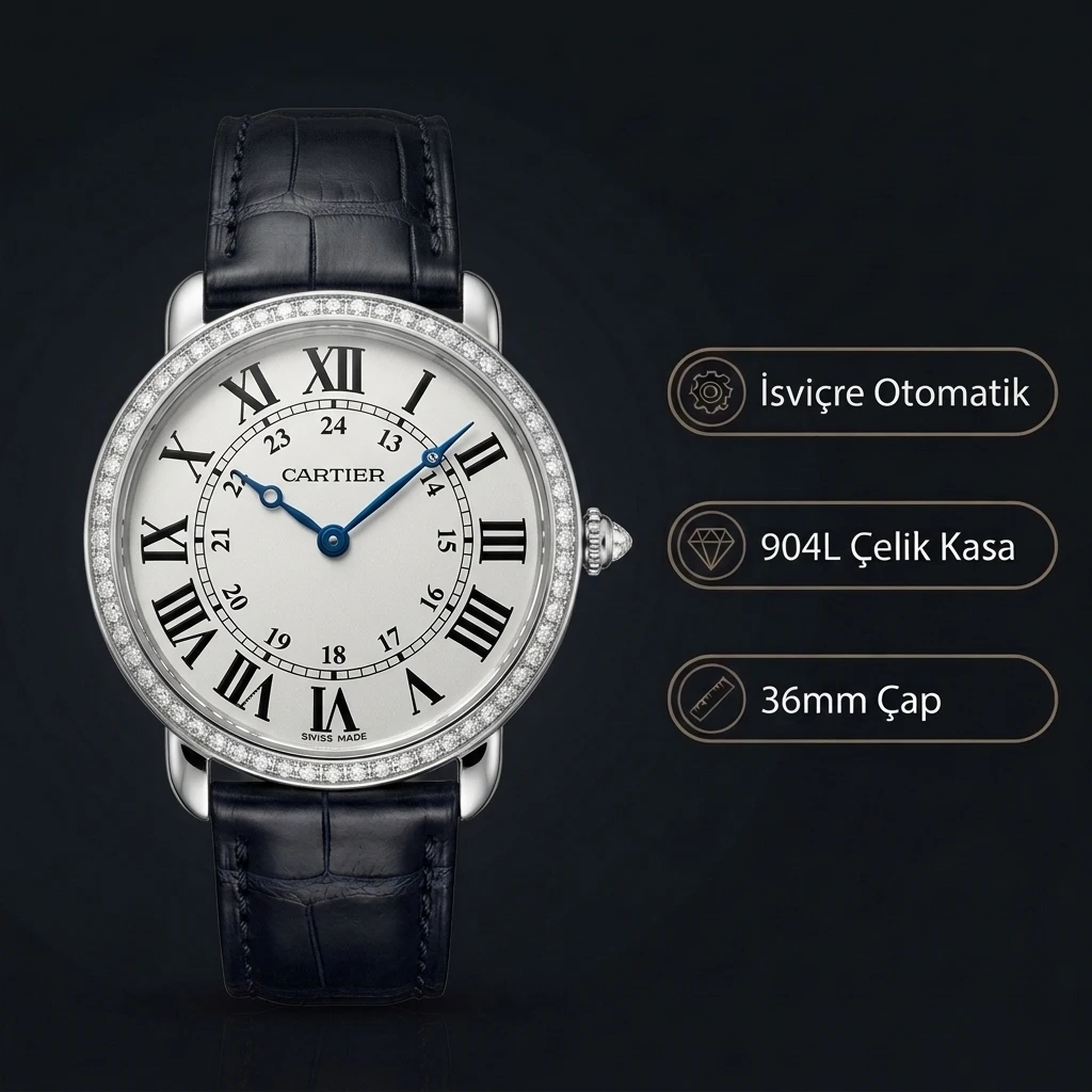 Cartier Ronde 36 mm WSRA0022 Beyaz Kadran Tasli Bezel Çelik Super Clone ETA Saat