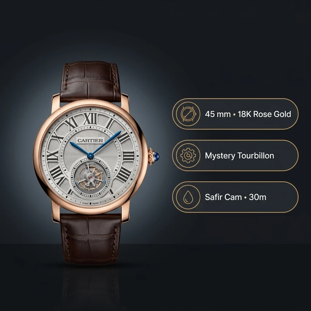 Cartier Rotonde Gümüş Gizemli Tourbillon Deri Super Clone ETA Saat