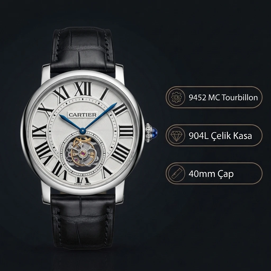 Cartier Rotonde Tourbillon Beyaz Kadran Çelik Deri Kordon Super Clone ETA Saat