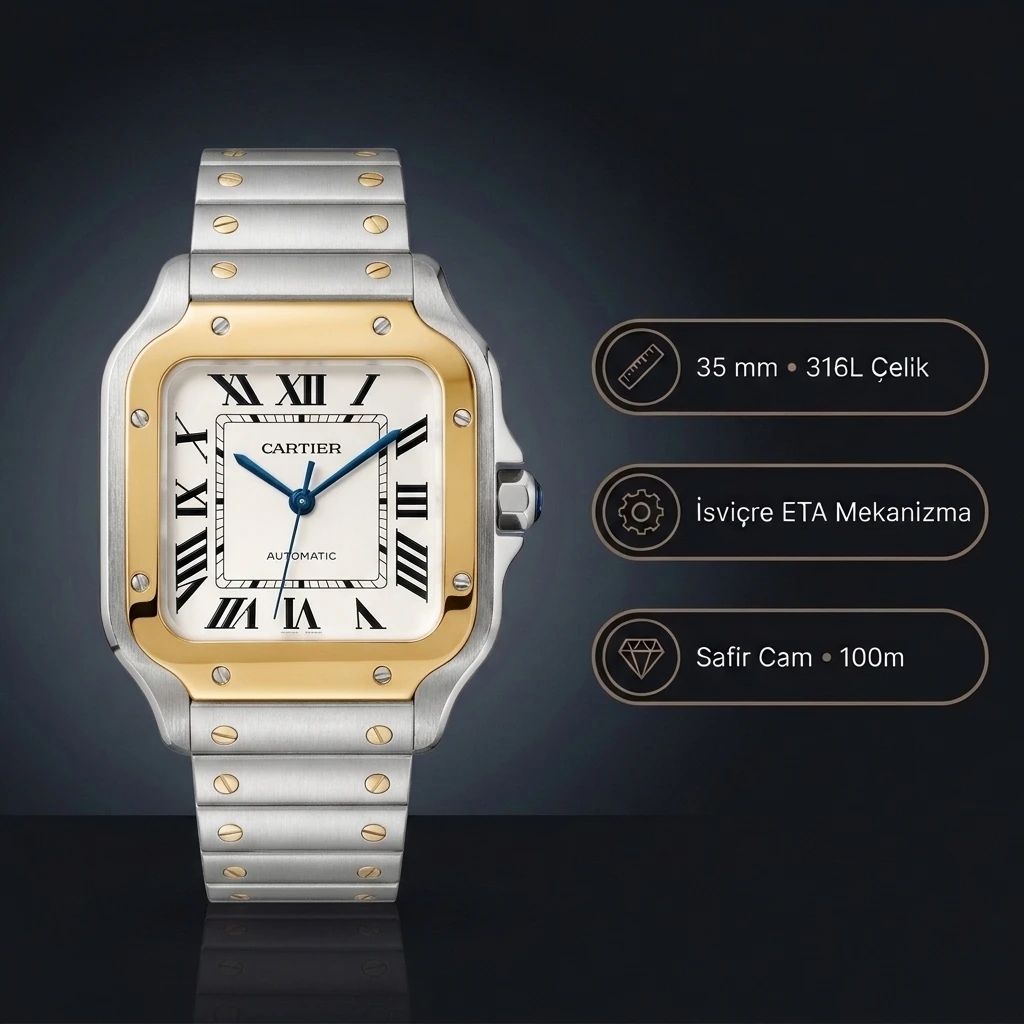 Cartier Santos 35 mm W2SA0009 Two Tone Kasa Beyaz Kadran Super Clone ETA Saat