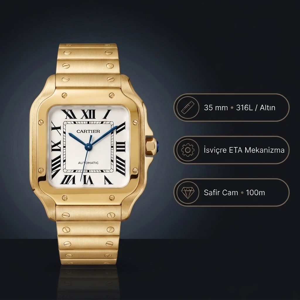 Cartier Santos 35 mm W2SA0012 Full Gold Kasa Super Clone ETA Saat