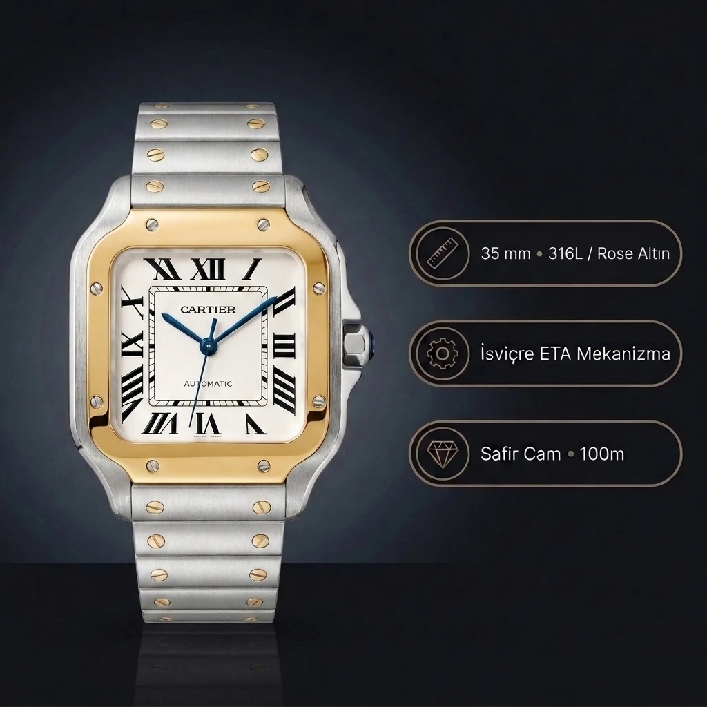 Cartier Santos 35 mm W2SA0012 Full Rose Gold Kasa Super Clone ETA Saat
