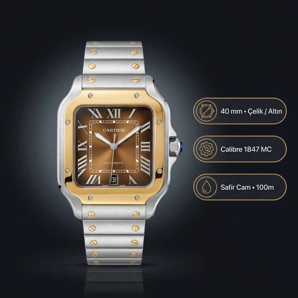 Cartier Santos 40 mm W2SA0007 Beyaz Altın Cift Renk Kadran Super Clone ETA Saat