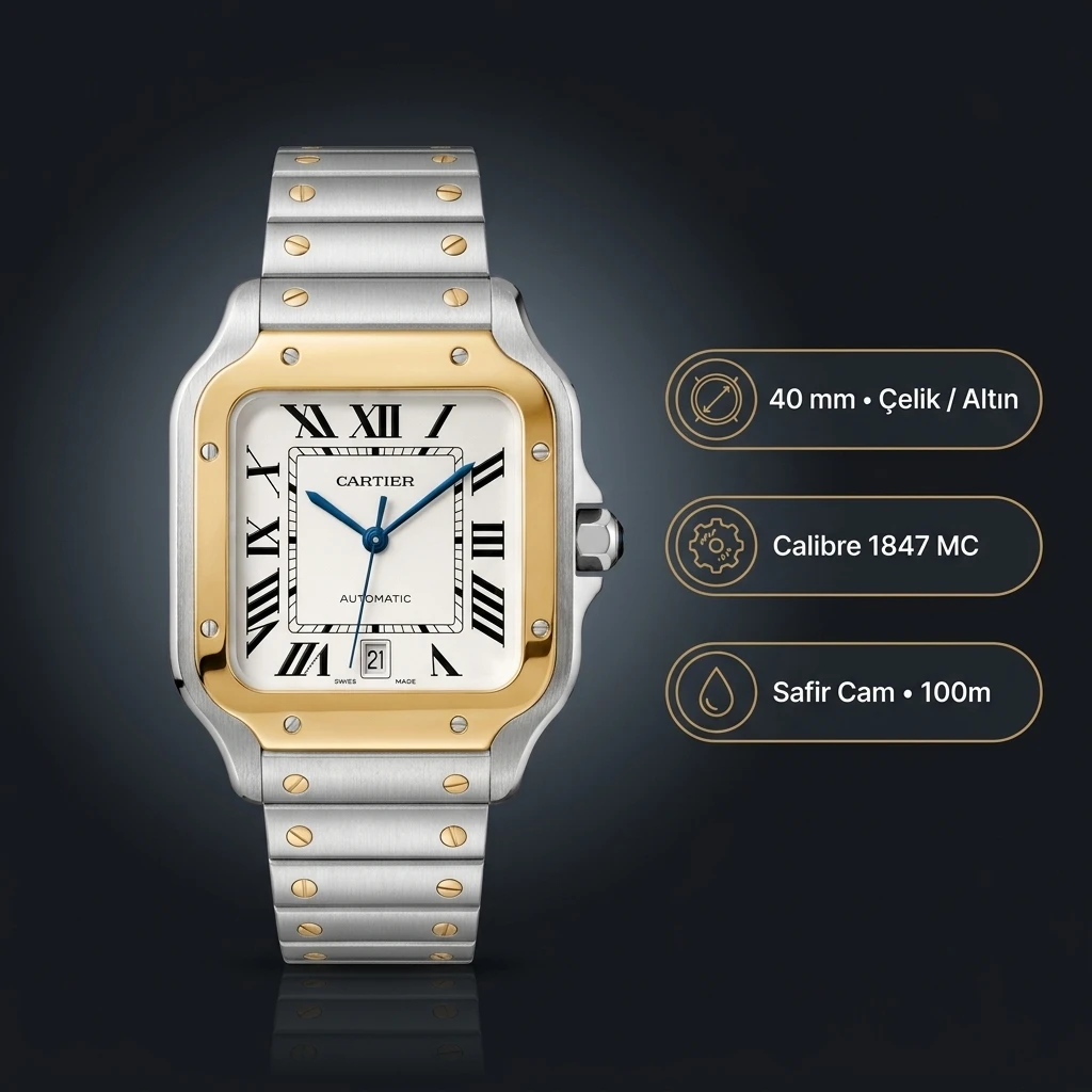 Cartier Santos 40 mm W2SA0007 Beyaz Kadran Cift Renk Altın Super Clone ETA Saat