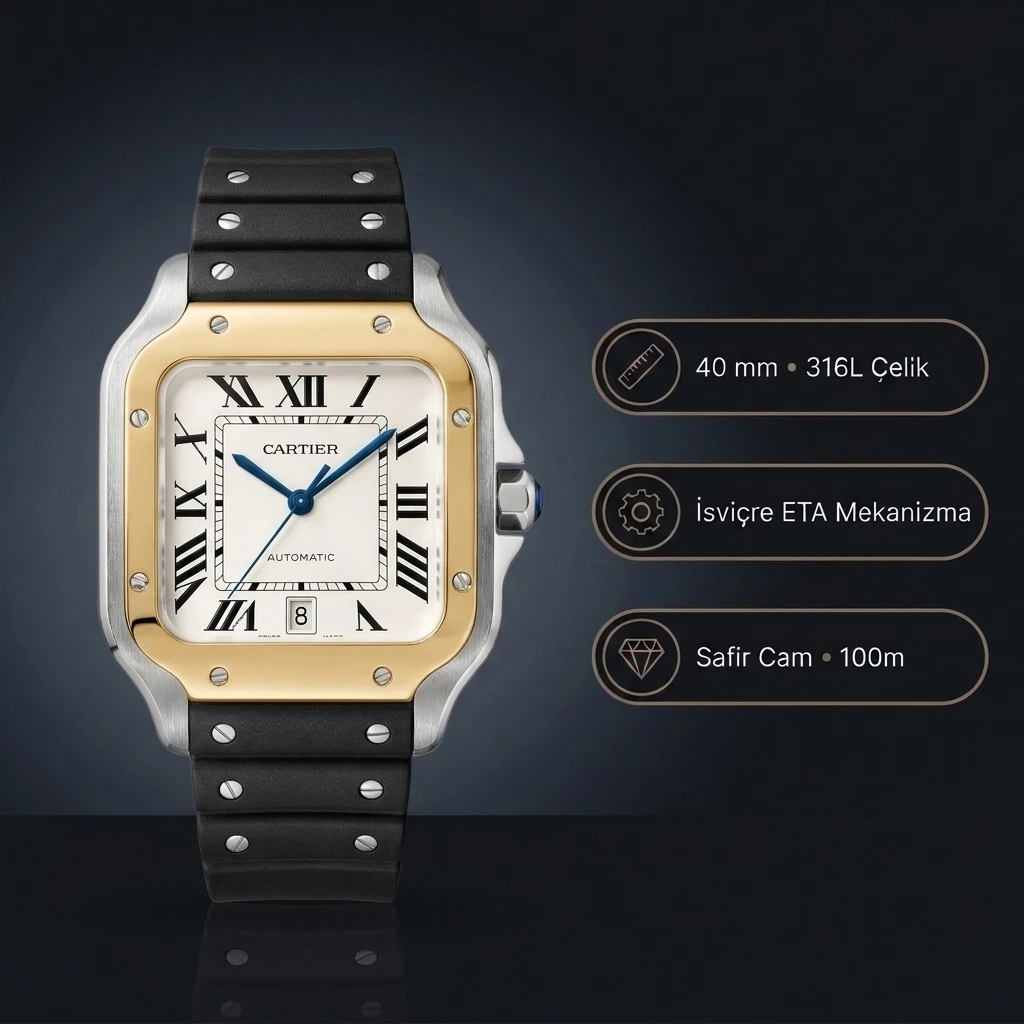 Cartier Santos 40 mm W2SA0007 De Cartier Two Tone Silikon Kordon Super Clone ETA Saat