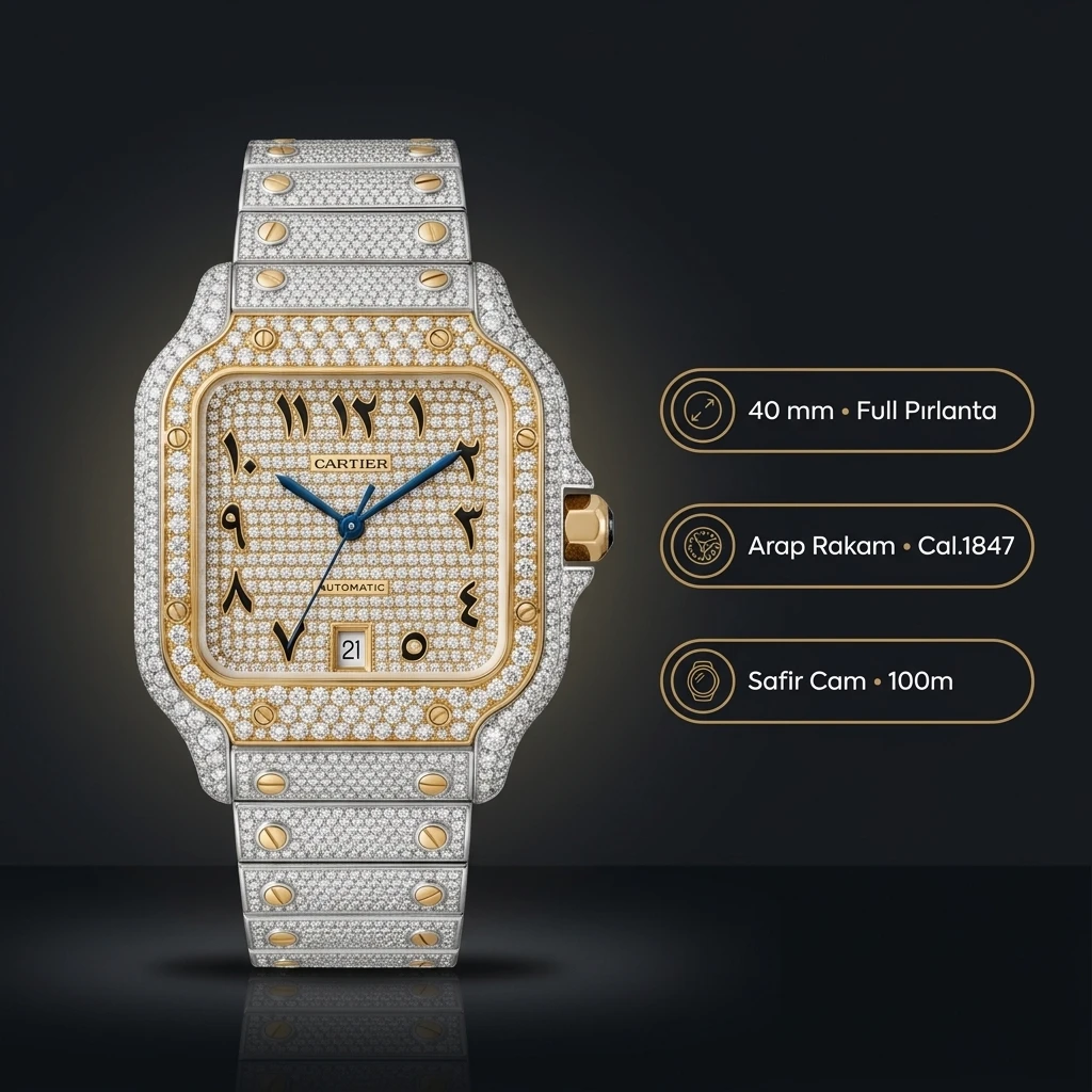 Cartier Santos 40 mm W2SA0007 Elmas Tasli Pave Cift Renk Super Clone ETA Saat