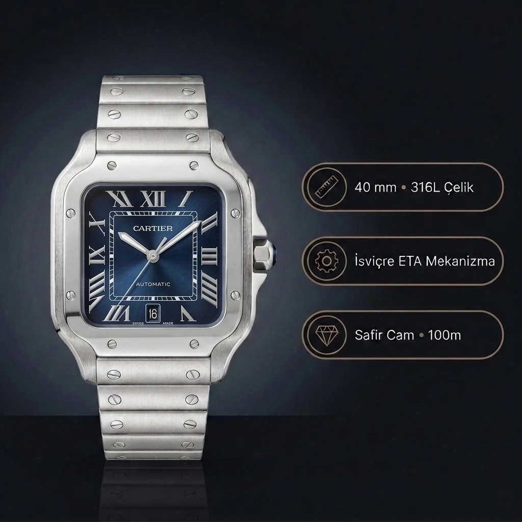 Cartier Santos 40 mm WSSA0010 De Cartier Mavi Kadran Super Clone ETA Saat