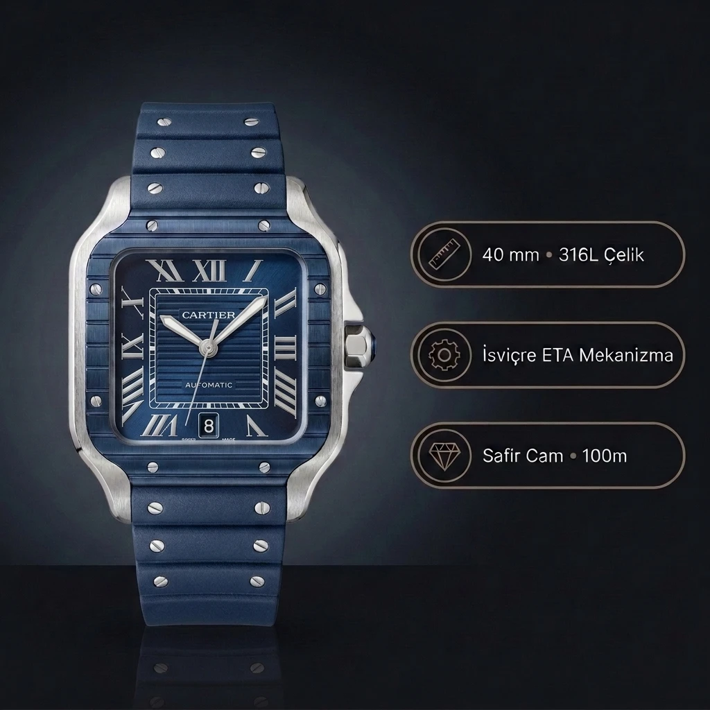 Cartier Santos 40 mm WSSA0010 De Cartier Mavi Kadran Silikon Kordon Super Clone ETA Saat