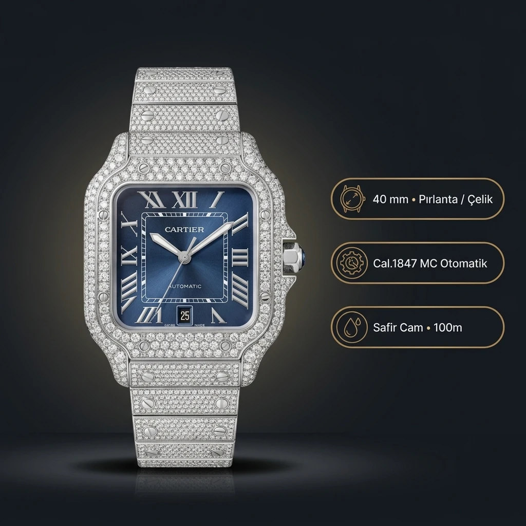 Cartier Santos 40 mm WSSA0010 Elmas Tasli Mavi Kadran Super Clone ETA Saat
