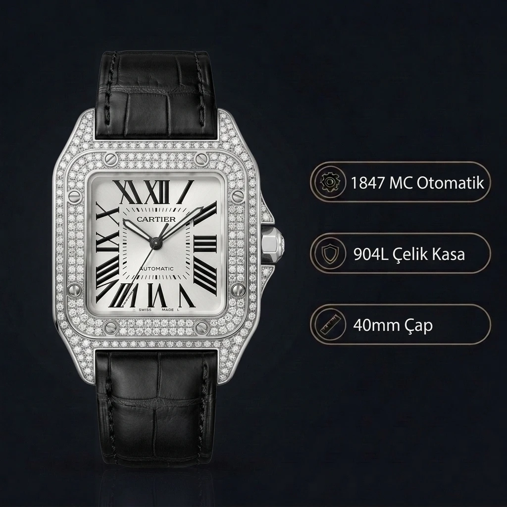 Cartier Santos 40 mm WSSA0011 Beyaz Kadran Tasli Çelik Super Clone ETA Saat