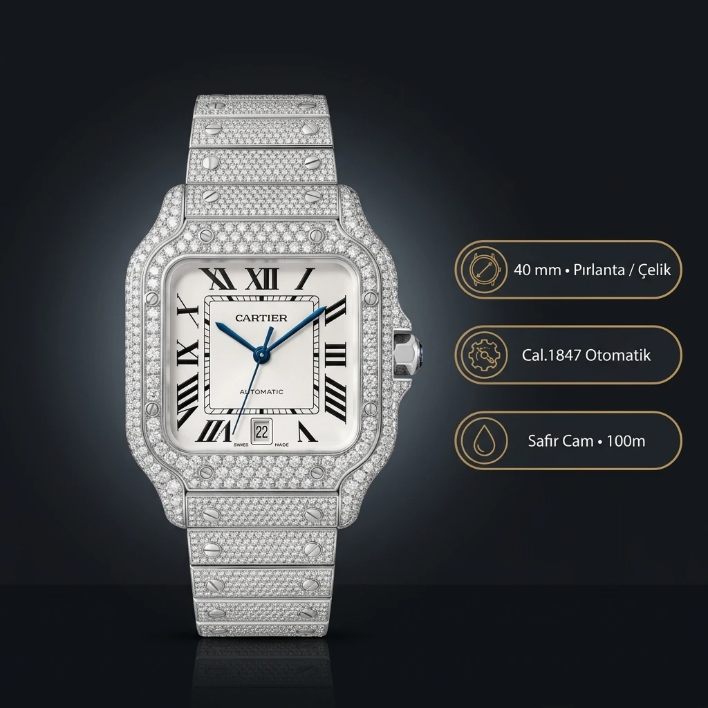 Cartier Santos 40 mm WSSA0011 Elmas Tasli Beyaz Gunduz Super Clone ETA Saat