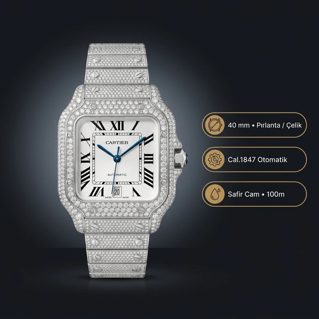 Cartier Santos 40 mm WSSA0011 Elmas Tasli Beyaz Roman Super Clone ETA Saat