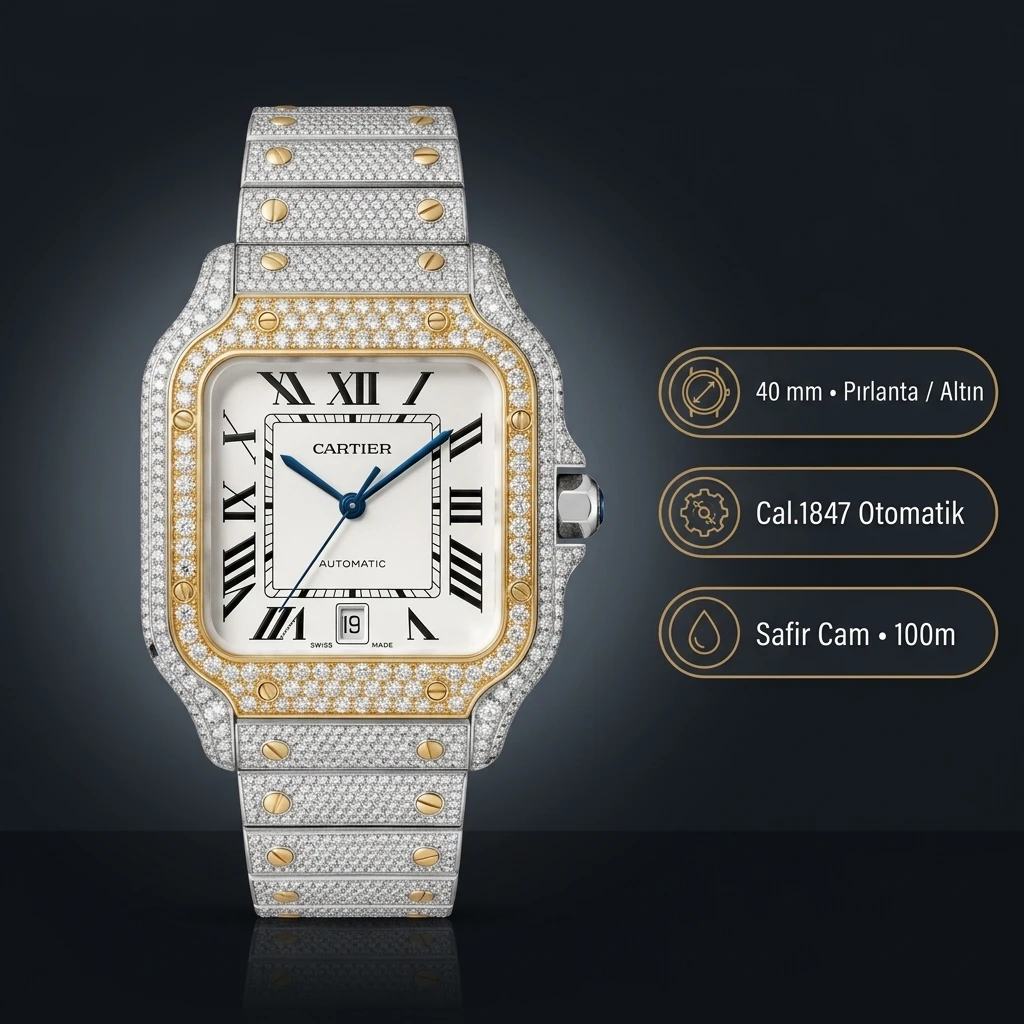Cartier Santos 40 mm WSSA0011 Elmas Tasli Beyaz Saf Super Clone ETA Saat