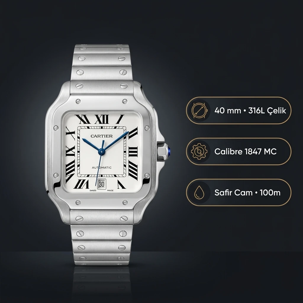 Cartier Santos 40 mm WSSA0018 Beyaz Kadran Çelik Bileklik Super Clone ETA Saat