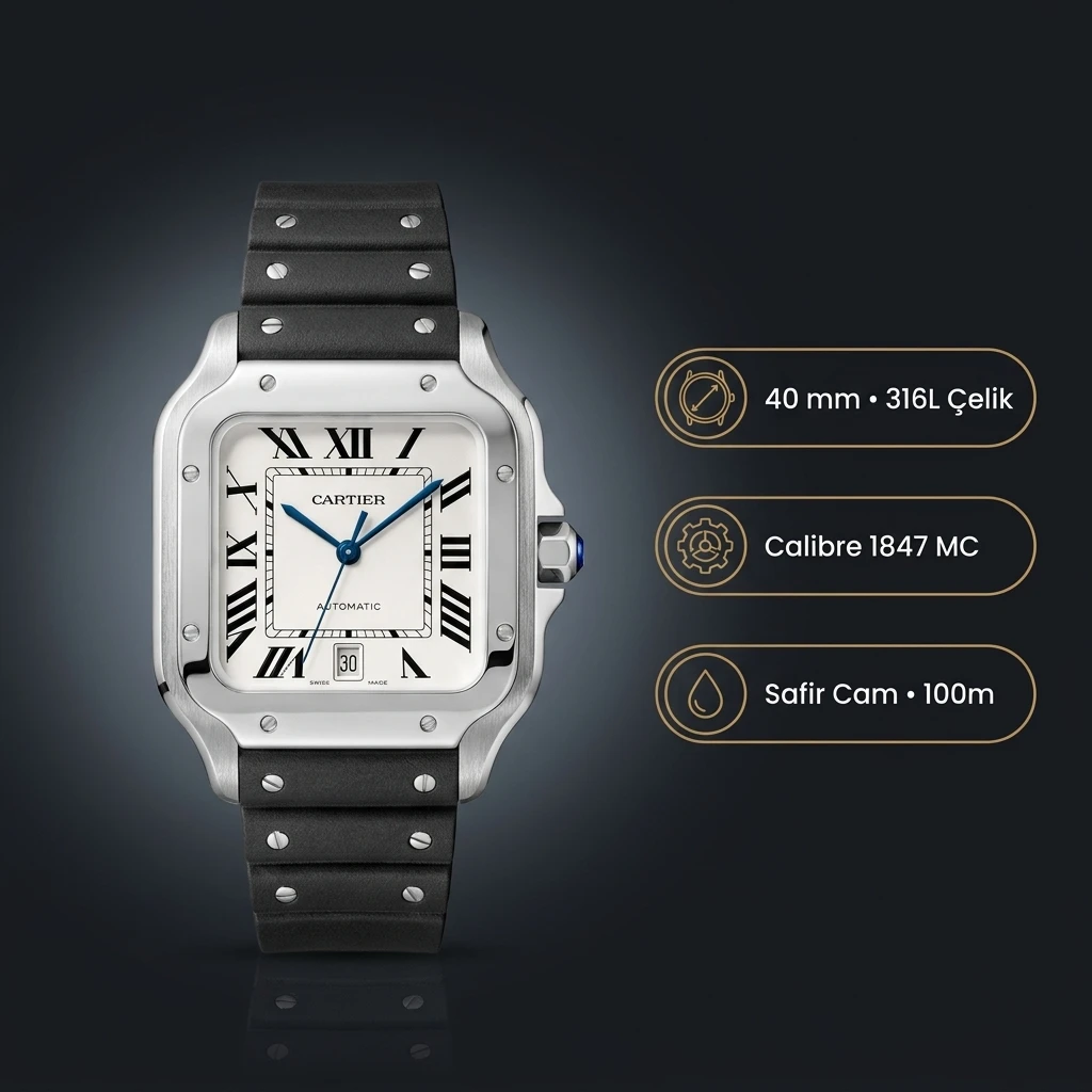 Cartier Santos 40 mm WSSA0018 Beyaz Kadran Çelik Buyuk Super Clone ETA Saat