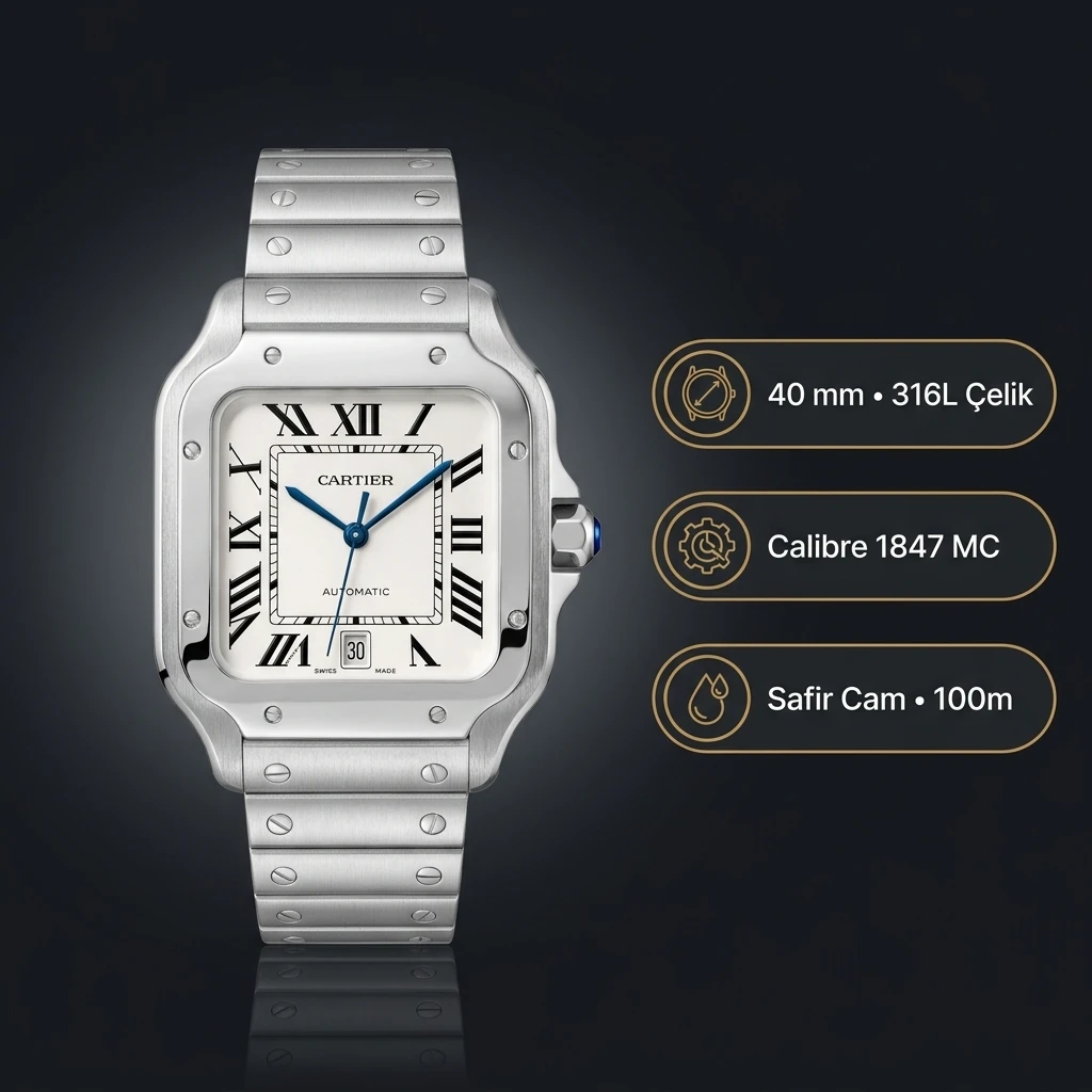 Cartier Santos 40 mm WSSA0018 Beyaz Kadran Çelik Duz Super Clone ETA Saat