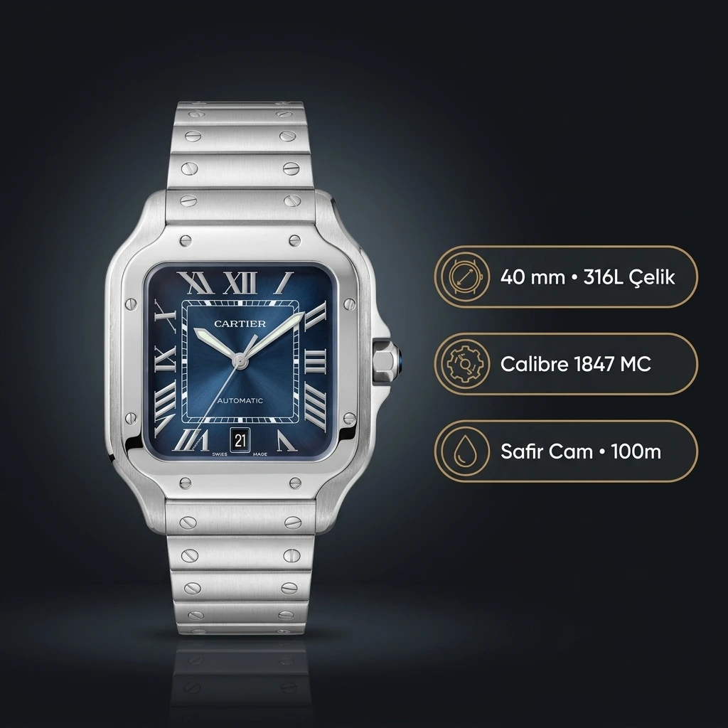 Cartier Santos 40 mm WSSA0018 Çelik Yan Bileklik Gorsel Super Clone ETA Saat
