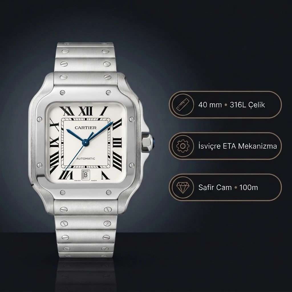 Cartier Santos 40 mm WSSA0018 De Cartier Beyaz Kadran Super Clone ETA Saat