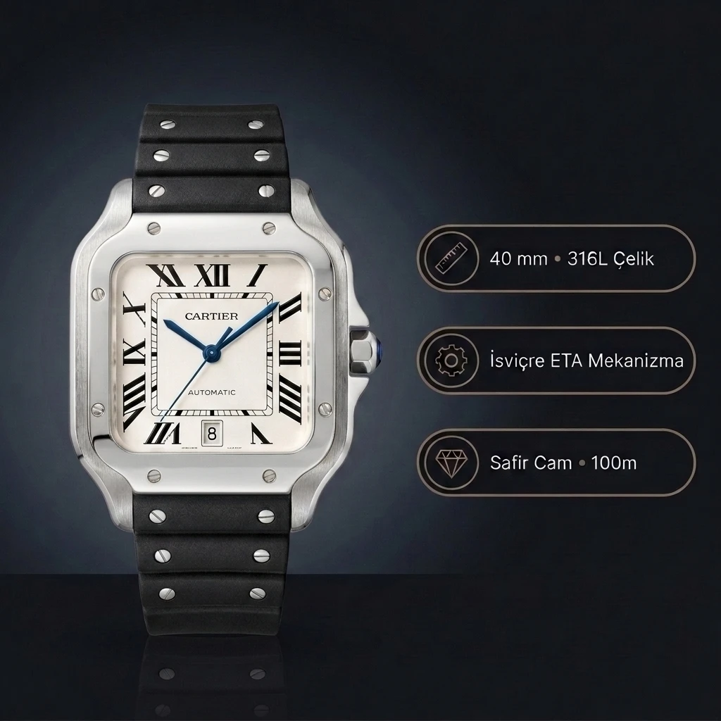 Cartier Santos 40 mm WSSA0018 De Cartier Beyaz Kadran Silikon Kordon Super Clone ETA Saat