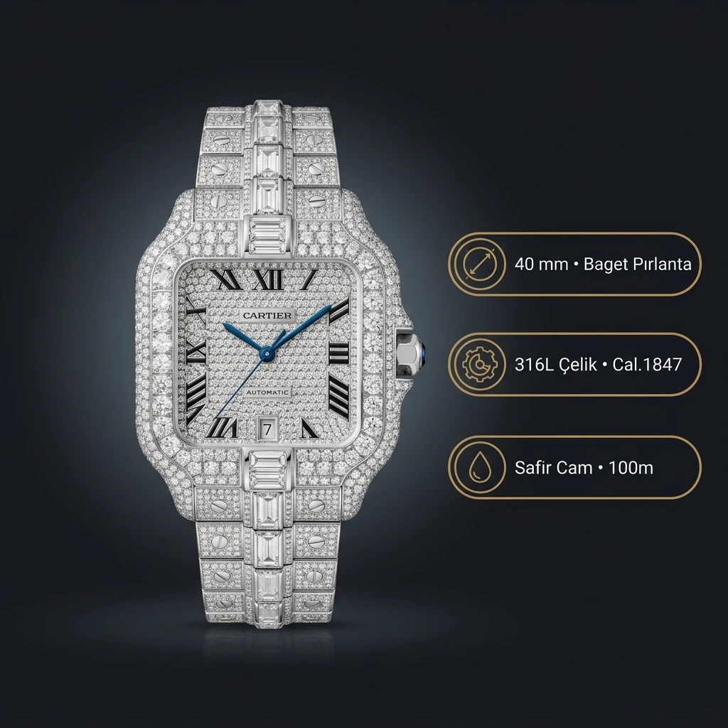 Cartier Santos 40 mm WSSA0018 Elmas Tasli Full Çelik Super Clone ETA Saat