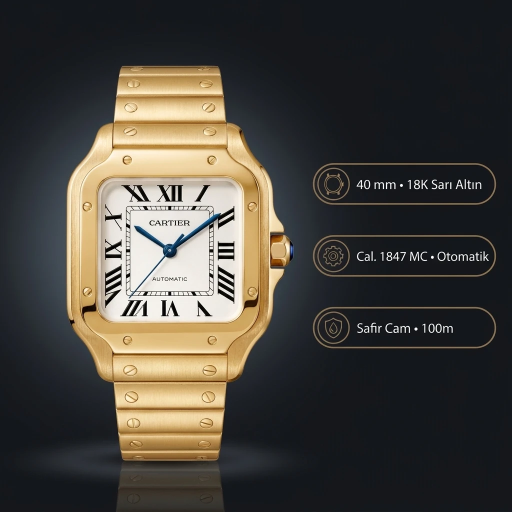 Cartier Santos 40 mm WSSA0018 Sari Altın Kasa Beyaz Kadran Çelik Kordon Super Clone ETA Saat