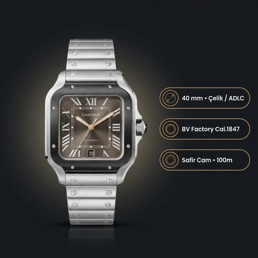 Cartier Santos 40 mm WSSA0039 Siyah Kadran Çelik Super Clone ETA Saat