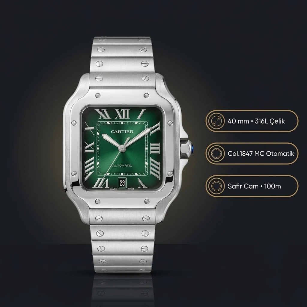 Cartier Santos 40 mm WSSA0061 Yeşil Kadran Çelik Super Clone ETA Saat