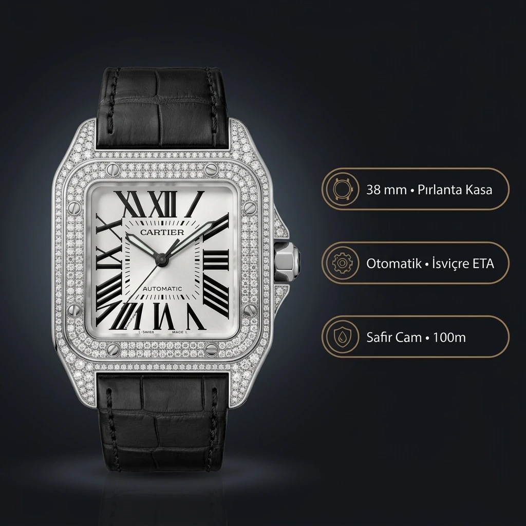 Cartier Santos de Cartier 100 38 mm W20073X8 Santos 100 Beyaz Kadran Baget Bezel Siyah Deri Kordon Super Clone ETA Saat