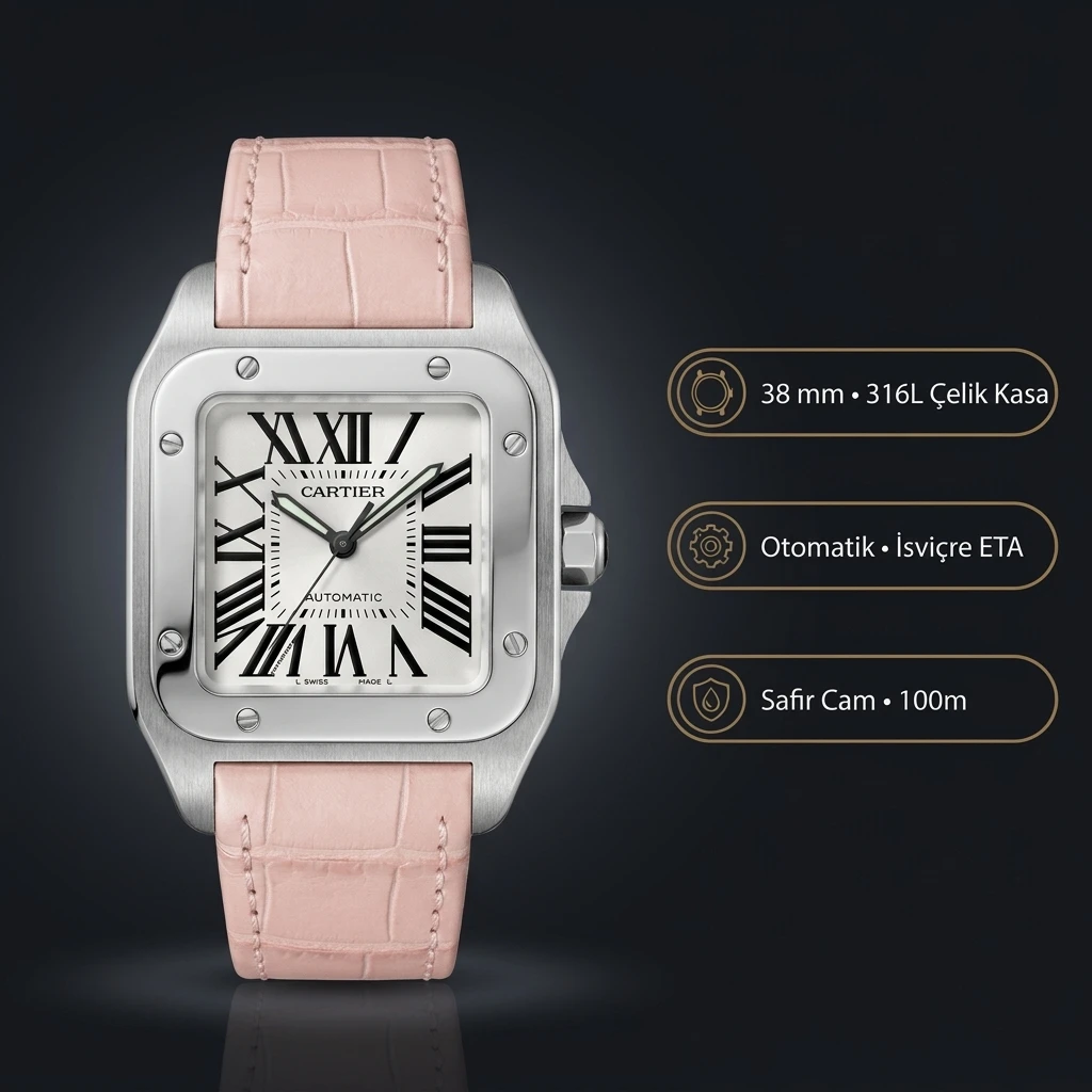 Cartier Santos de Cartier 100 38 mm W20073X8 Santos Santos 100 Beyaz Kadran Pembe Deri Kordon Super Clone ETA Saat