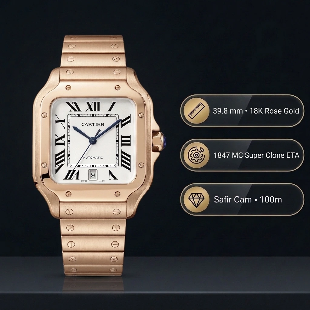 Cartier Santos de Cartier Large WGSA0019 39.8 MM 18K Rose Gold Kasa Beyaz Roma Rakamlı Kadran Rose Gold Bilezik Super Clone ETA Saat