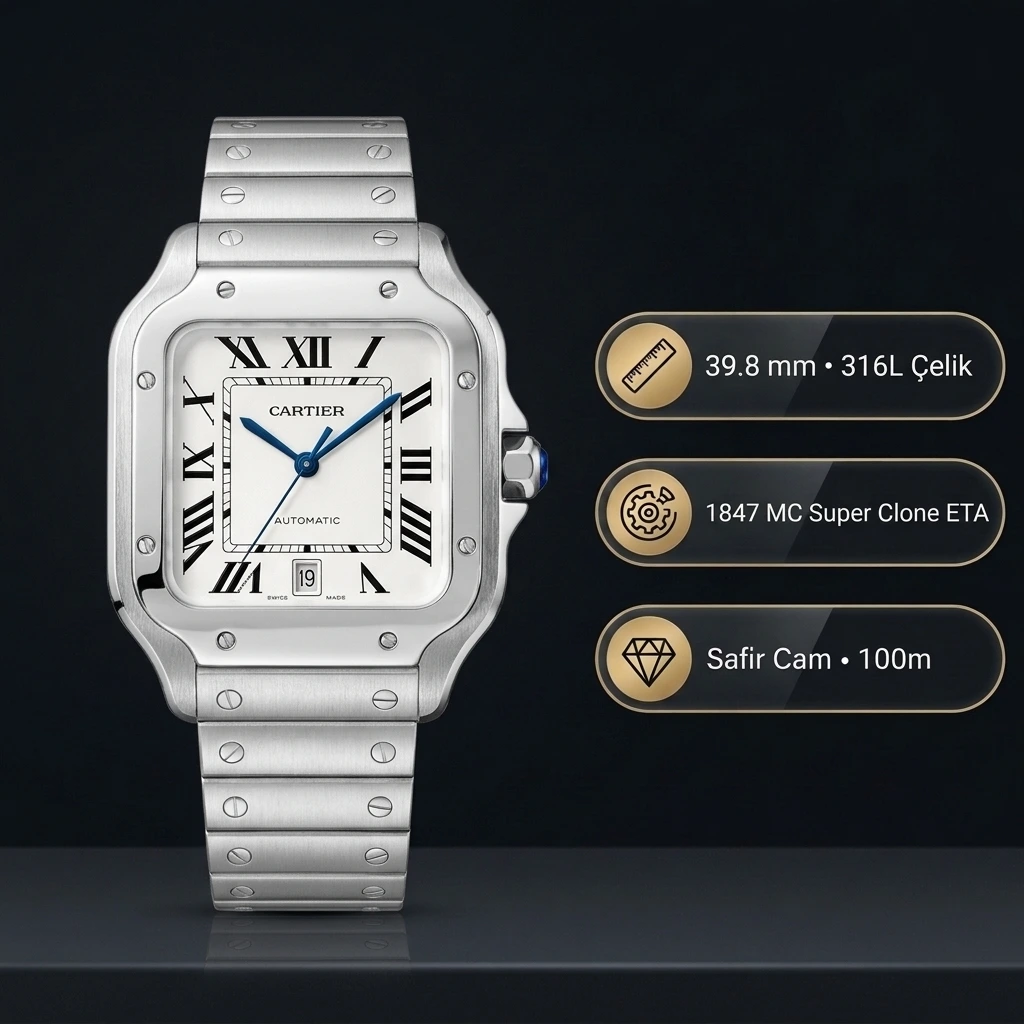 Cartier Santos de Cartier Large WSSA0018 39.8 MM Beyaz Roma Rakamlı Kadran Çelik Bilezik ve Deri Kordon Setli Super Clone ETA Saat