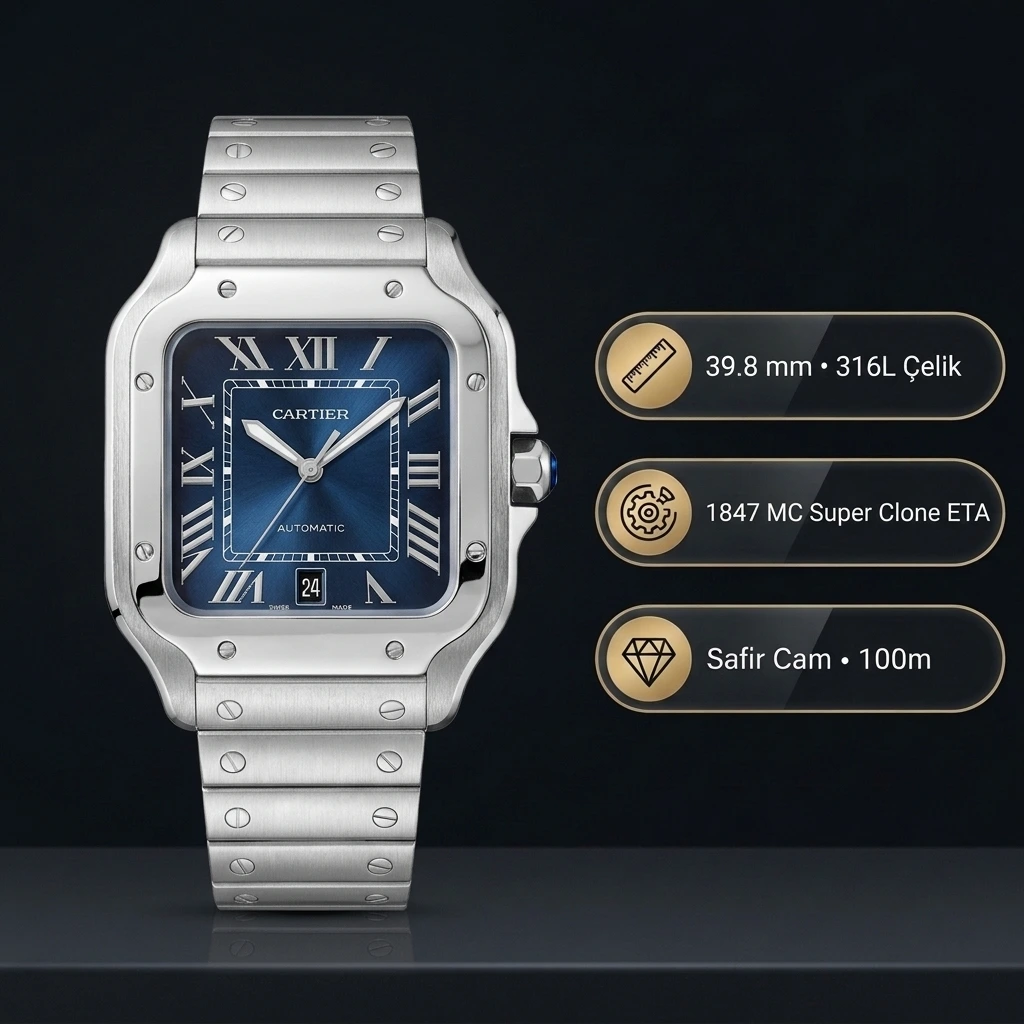 Cartier Santos de Cartier Large WSSA0030 39.8 MM Mavi Kadran Çelik Bilezik Super Clone ETA Saat