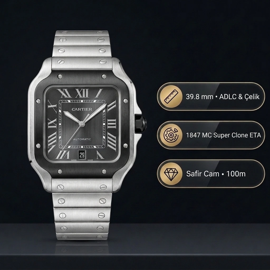 Cartier Santos de Cartier Large WSSA0037 39.8 MM Siyah ADLC Bezel Antrasit Gri Kadran Çelik Bilezik Super Clone ETA Saat