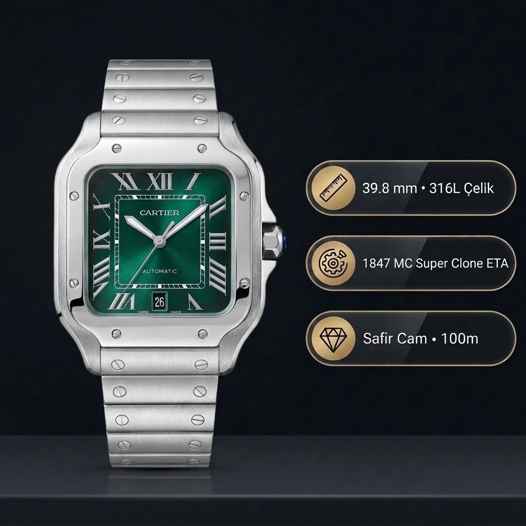 Cartier Santos de Cartier Large WSSA0062 39.8 MM Zümrüt Yeşil Kadran Çelik Bilezik Super Clone ETA Saat