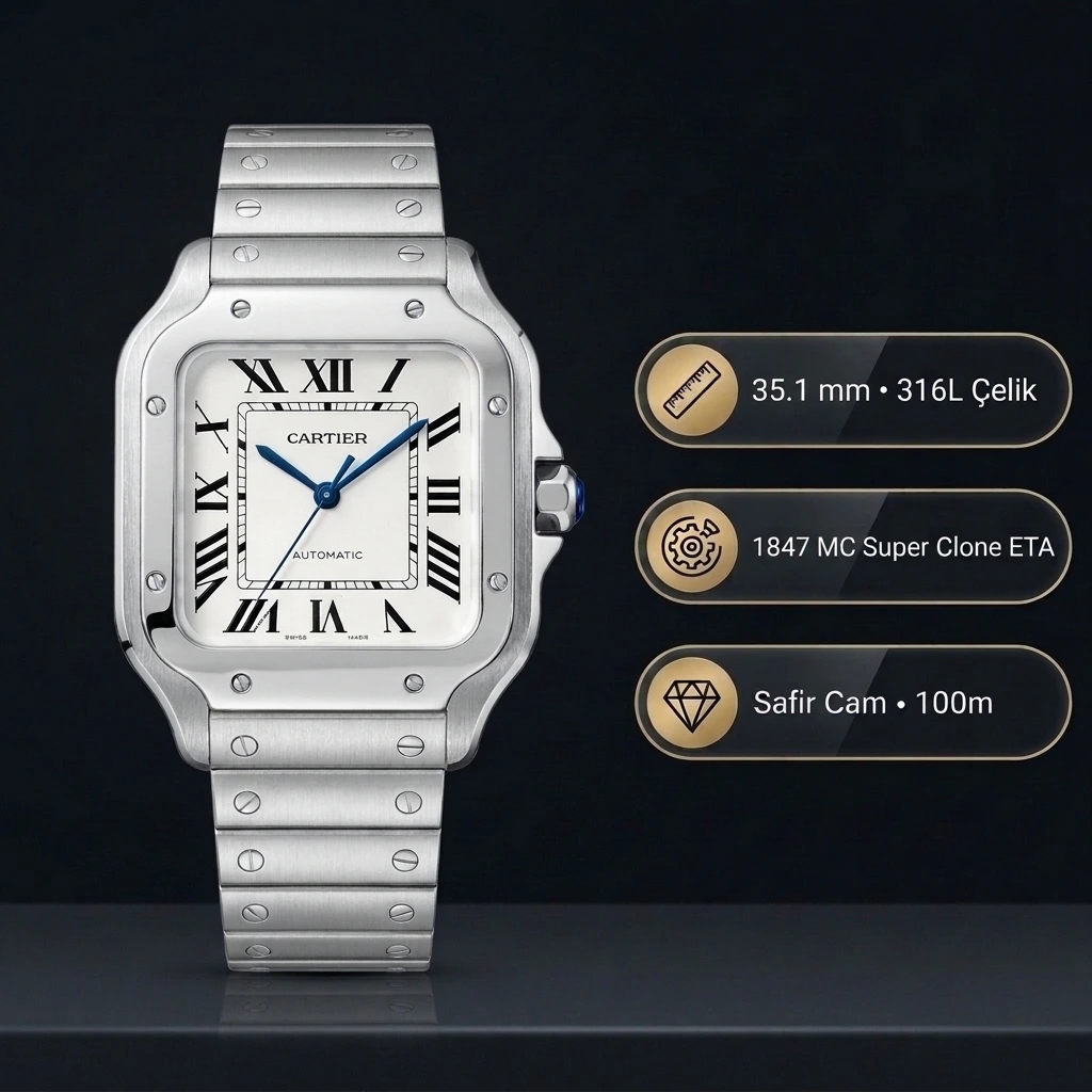 Cartier Santos de Cartier Medium WSSA0029 35.1 MM Beyaz Roma Rakamlı Kadran Çelik Bilezik Super Clone ETA Saat