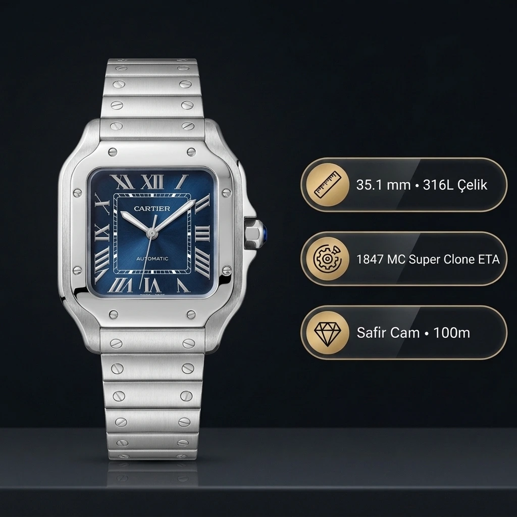 Cartier Santos de Cartier Medium WSSA0063 35.1 MM Lacivert Mavi Kadran Çelik Bilezik Super Clone ETA Saat