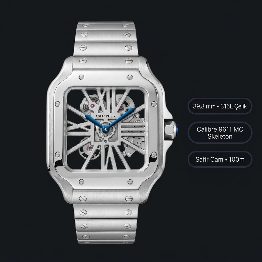 Cartier Santos De Cartier Skeleton 39.8 mm WHSA0007 Çelik İskelet Kadran Super Clone ETA Saat