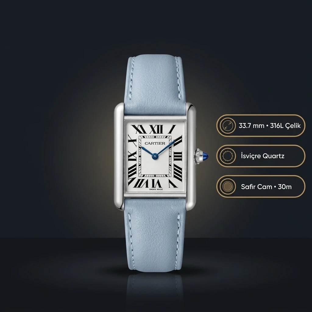 Cartier Tank 33.7 mm WSTA0041 Beyaz Kadran Mavi Deri Super Clone ETA Saat