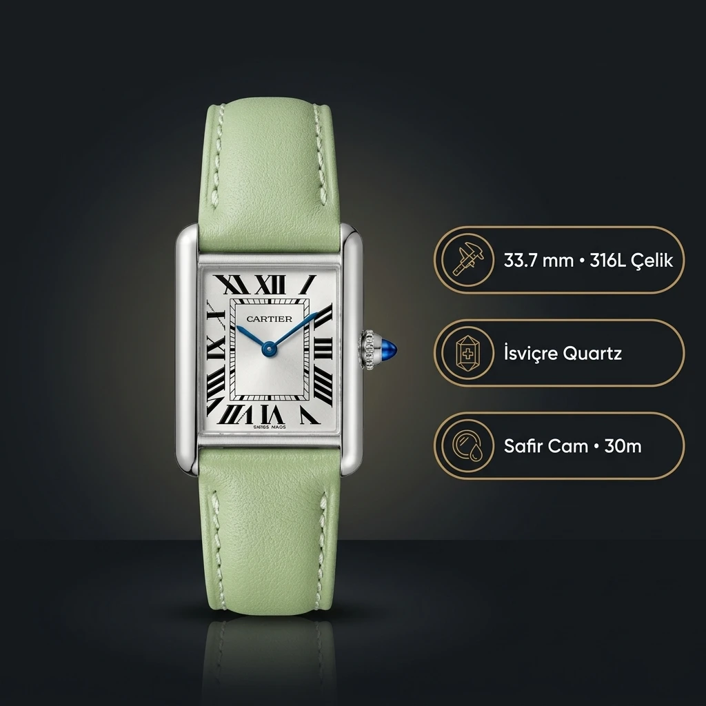 Cartier Tank 33.7 mm WSTA0041 Beyaz Kadran Yeşil Deri Super Clone ETA Saat