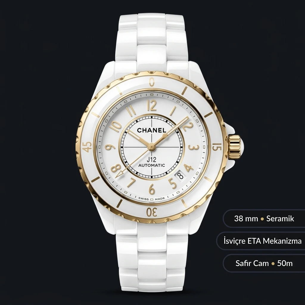 Chanel J12 Beyaz Seramik Altın Bezel Super Clone ETA Saat