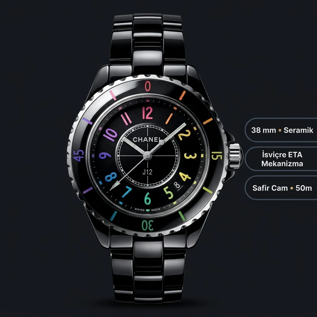 Chanel J12 Siyah Seramik Renkli Rakam Super Clone ETA Saat