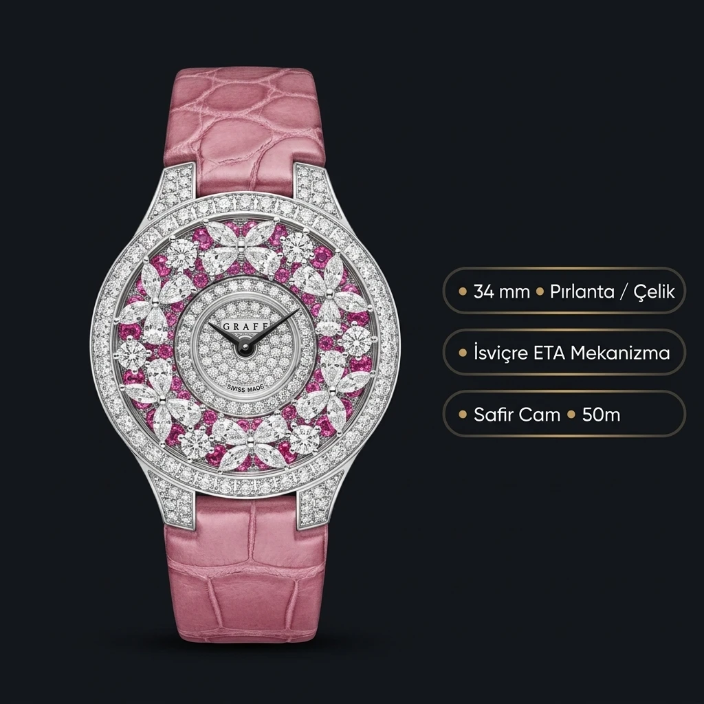 Graff Diamond Çiçek Elmas Taşlı Pembe Deri Super Clone ETA Saat