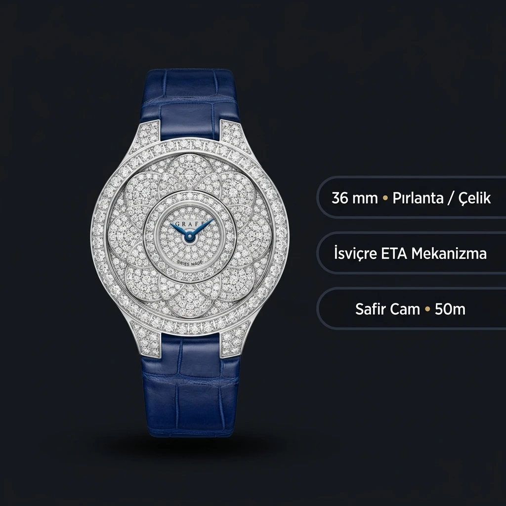Graff Diamond Elmas Taşlı Mavi Deri Super Clone ETA Saat