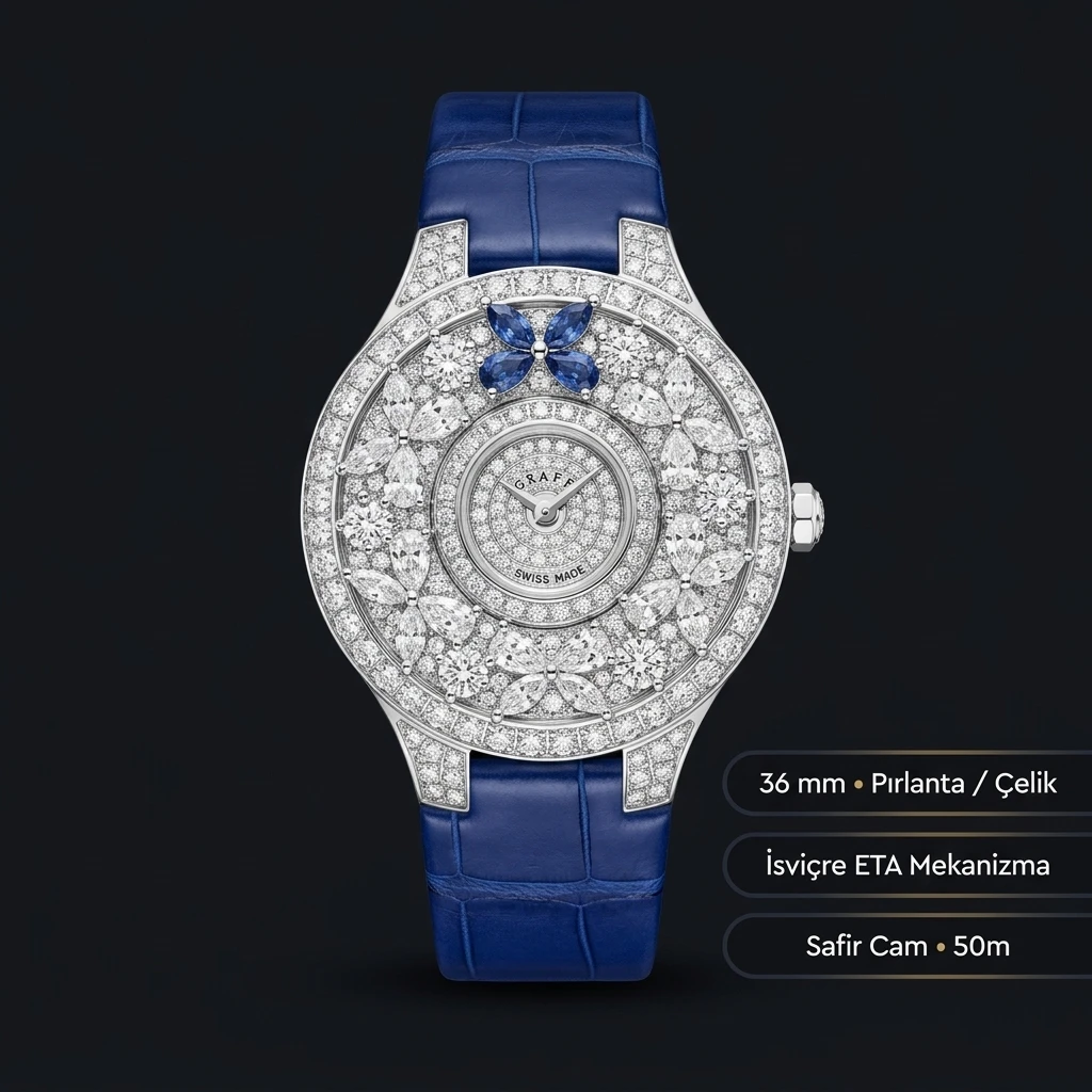 Graff Diamond Elmas Taşlı Mavi Deri Super Clone ETA Saat