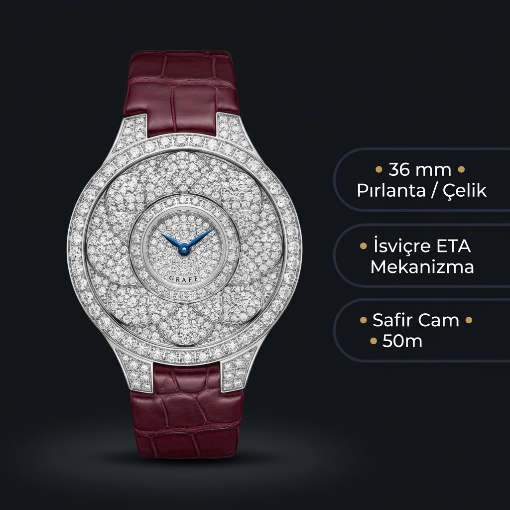 Graff Diamond Elmas Taşlı Pave Bordo Deri Super Clone ETA Saat